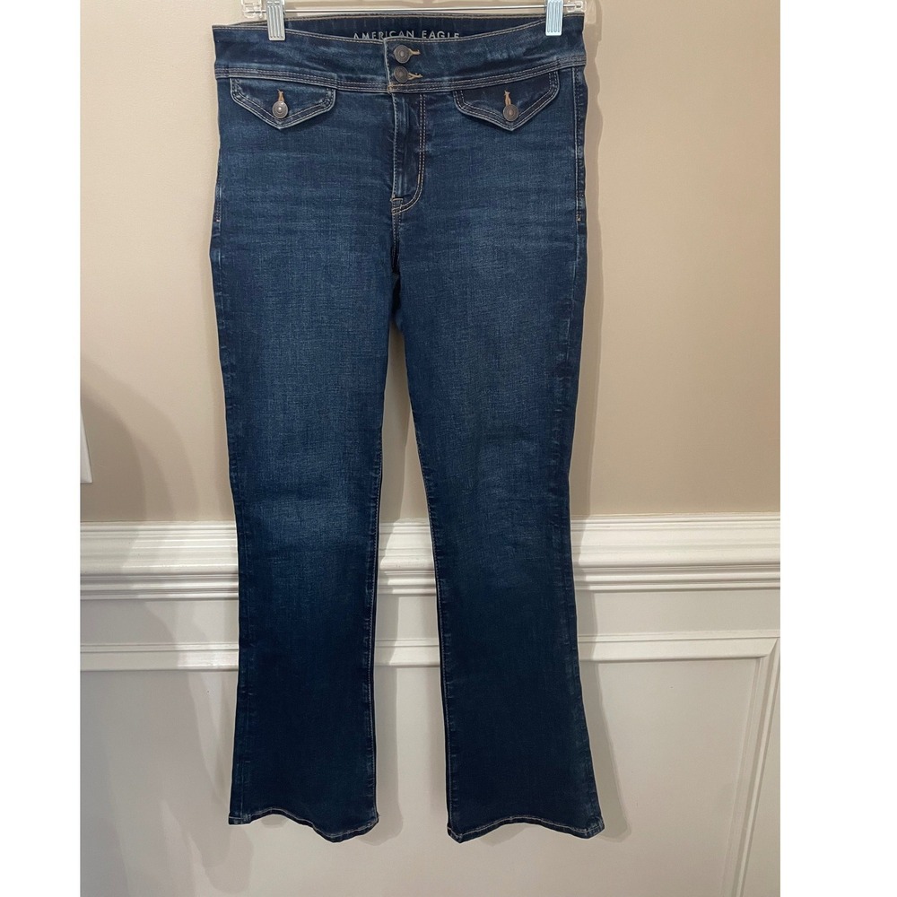 American Eagle Kick Boot Jeans Dark Wash Next Level Stretch Flap Pockets Size 6